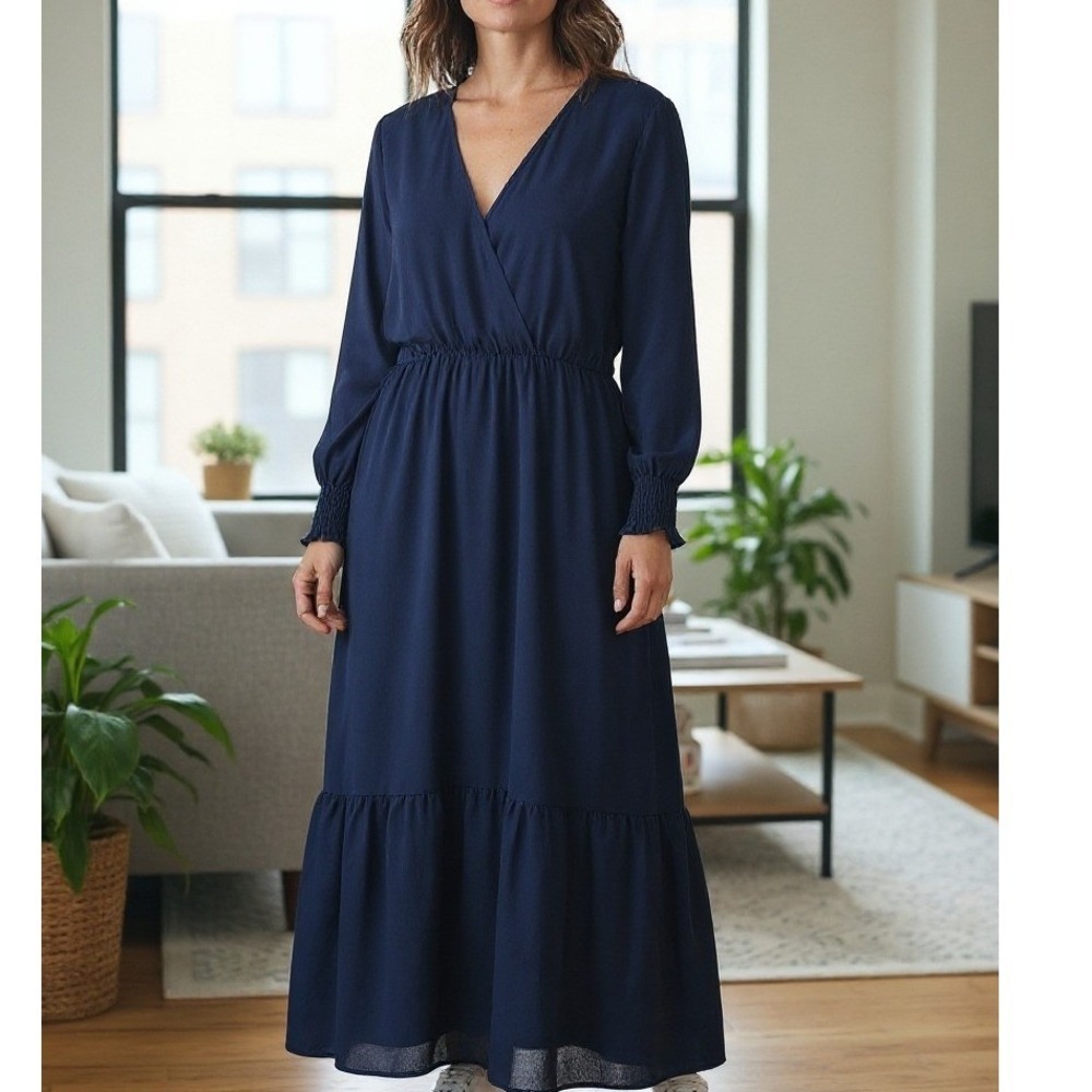 PrettyGarden Navy Blue Chiffon Tiered Maxi Dress V-Neck Smocked Cuff XXL Lined